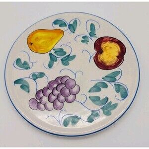 Tabletops Unlimited Fruttie Ceramic Trivet Grapes Pear Apple Blue Rim